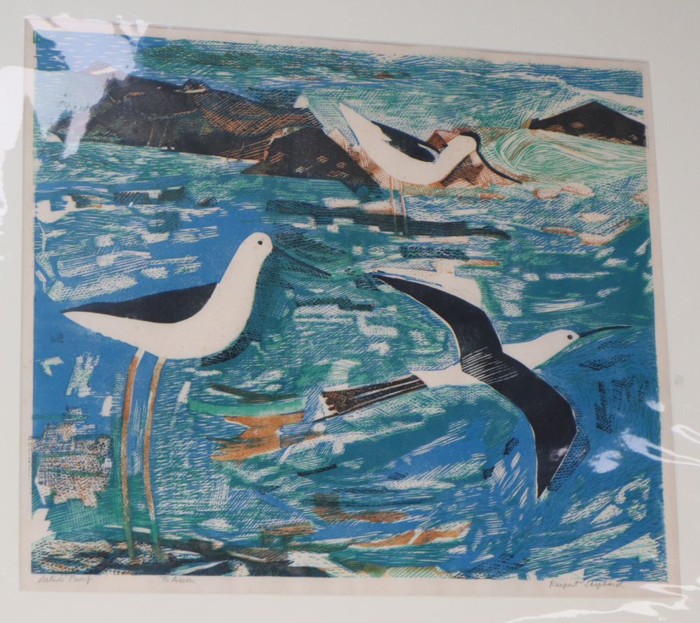 Rupert Shepherd, colour woodcut, artist proof, Avocets in a landscape, signed in pencil, 40 x 47cm, unframed